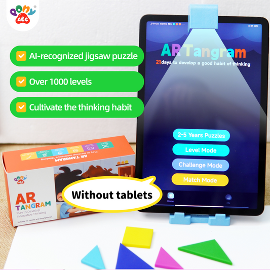 AR Tangram educational game with tablet and puzzle pieces on a white background