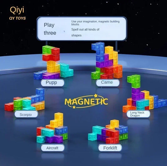 Qiyi Magnetic Shape Solid Puzzle Cubes (Transparent Blue, Yellow, Purple, Orange, Green) stacked in a Tetris-like structure, highlighting the strong built-in magnets, ultrasonic welding, and pleasant magnetic sounds.