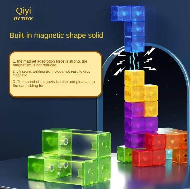 Qiyi Magnetic Shape Solid Puzzle Cubes (Transparent Blue, Yellow, Purple, Orange, Green) stacked in a Tetris-like structure, highlighting the strong built-in magnets, ultrasonic welding, and pleasant magnetic sounds.
