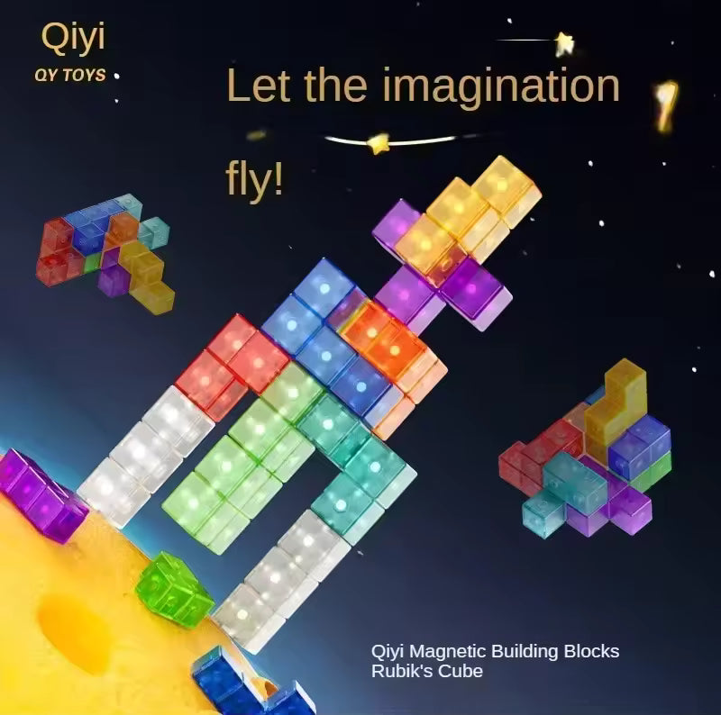 Qiyi Magnetic Shape Solid Puzzle Cubes (Transparent Blue, Yellow, Purple, Orange, Green) stacked in a Tetris-like structure, highlighting the strong built-in magnets, ultrasonic welding, and pleasant magnetic sounds.
