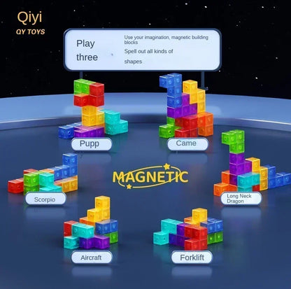 Qiyi Magnetic Shape Solid Puzzle Cubes (Transparent Blue, Yellow, Purple, Orange, Green) stacked in a Tetris-like structure, highlighting the strong built-in magnets, ultrasonic welding, and pleasant magnetic sounds.