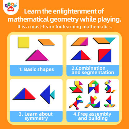Educational poster about learning mathematical geometry with colorful shapes on an orange background.