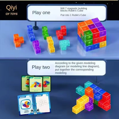 Qiyi Magnetic Shape Solid Puzzle Cubes (Transparent Blue, Yellow, Purple, Orange, Green) stacked in a Tetris-like structure, highlighting the strong built-in magnets, ultrasonic welding, and pleasant magnetic sounds.