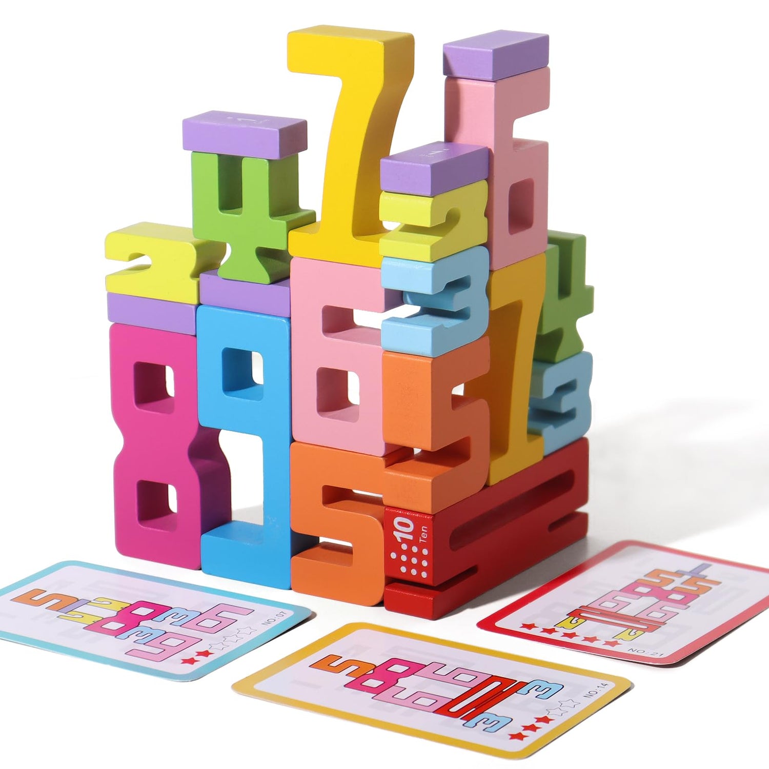 Colourful wooden number blocks 0-9 stacked in a tower with product box, maths learning toy for kids Australia